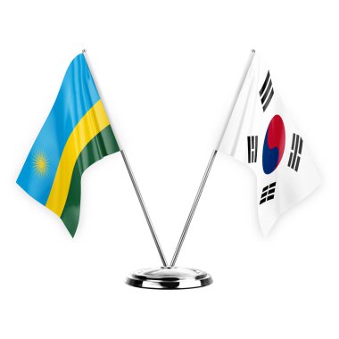 Two table flags isolated on white background 3d illustration, rwanda and south korea