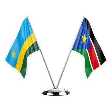 Two table flags isolated on white background 3d illustration, rwanda and south sudan