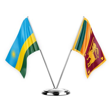 Two table flags isolated on white background 3d illustration, rwanda and sri lanka