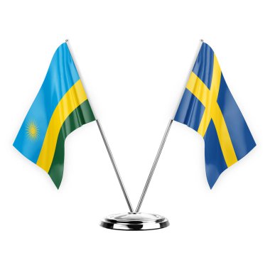 Two table flags isolated on white background 3d illustration, rwanda and sweden