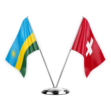 Two table flags isolated on white background 3d illustration, rwanda and switzerland