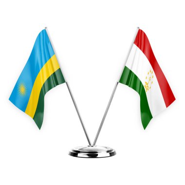 Two table flags isolated on white background 3d illustration, rwanda and tajikistan