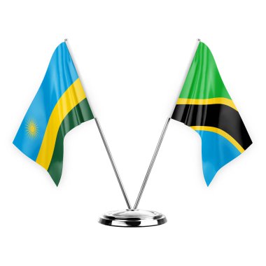 Two table flags isolated on white background 3d illustration, rwanda and tanzania