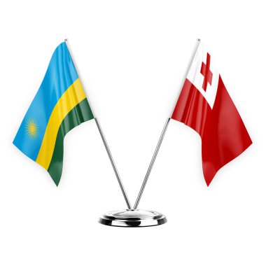 Two table flags isolated on white background 3d illustration, rwanda and tonga