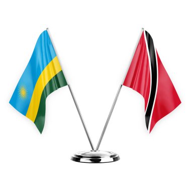 Two table flags isolated on white background 3d illustration, rwanda and tobago