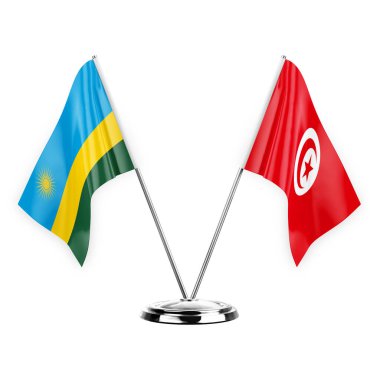Two table flags isolated on white background 3d illustration, rwanda and tunisia