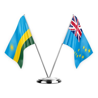 Two table flags isolated on white background 3d illustration, rwanda and tuvalu