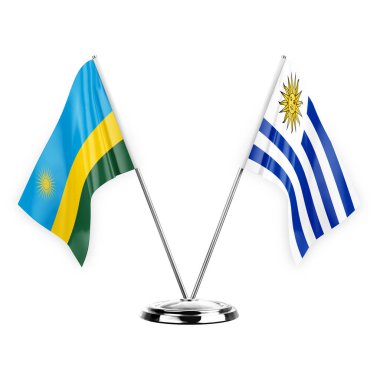Two table flags isolated on white background 3d illustration, rwanda and uruguay