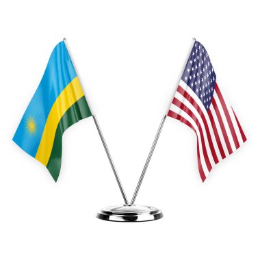 Two table flags isolated on white background 3d illustration, rwanda and usa
