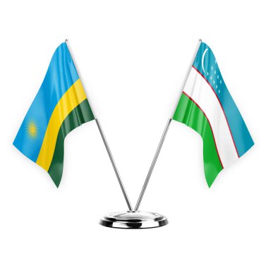 Two table flags isolated on white background 3d illustration, rwanda and uzbekistan