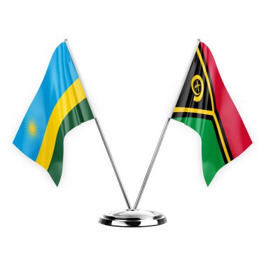 Two table flags isolated on white background 3d illustration, rwanda and vanuatu