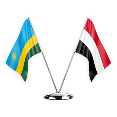 Two table flags isolated on white background 3d illustration, rwanda and yemen