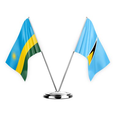 Two table flags isolated on white background 3d illustration, rwanda and saint lucia
