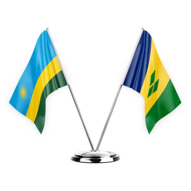 Two table flags isolated on white background 3d illustration, rwanda and saint vincent and the grenadines