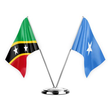 Two table flags isolated on white background 3d illustration, saint kitts and venis and somalia