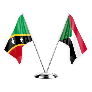 Two table flags isolated on white background 3d illustration, saint kitts and venis and sudan