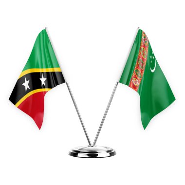 Two table flags isolated on white background 3d illustration, saint kitts and venis and turkmenistan