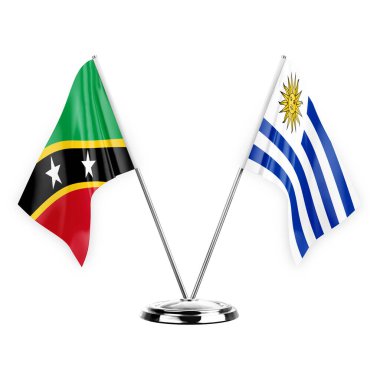 Two table flags isolated on white background 3d illustration, saint kitts and venis and uruguay