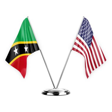 Two table flags isolated on white background 3d illustration, saint kitts and venis and usa