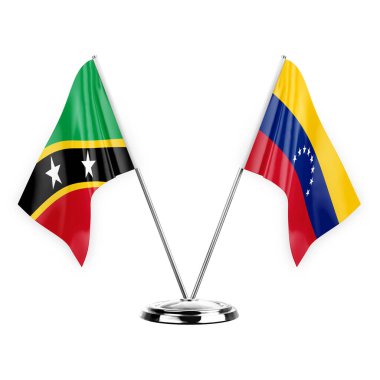Two table flags isolated on white background 3d illustration, saint kitts and venis and venezuela