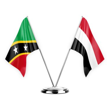 Two table flags isolated on white background 3d illustration, saint kitts and venis and yemen