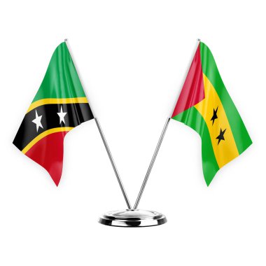 Two table flags isolated on white background 3d illustration, saint kitts and venis and sao tome and principe