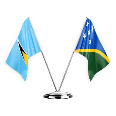 Two table flags isolated on white background 3d illustration, saint lucia and solomon islands