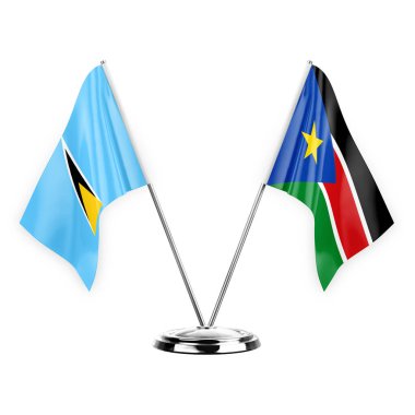 Two table flags isolated on white background 3d illustration, saint lucia and south sudan
