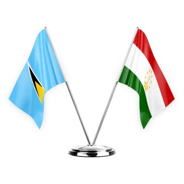 Two table flags isolated on white background 3d illustration, saint lucia and tajikistan
