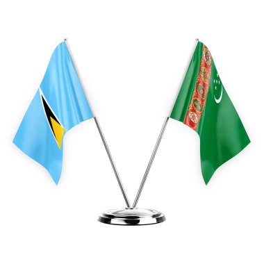 Two table flags isolated on white background 3d illustration, saint lucia and turkmenistan