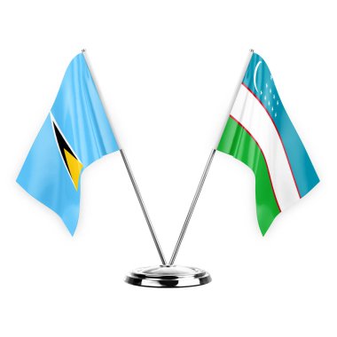 Two table flags isolated on white background 3d illustration, saint lucia and uzbekistan