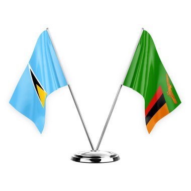 Two table flags isolated on white background 3d illustration, saint lucia and zambia