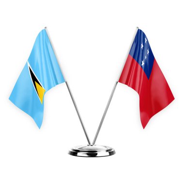 Two table flags isolated on white background 3d illustration, saint lucia and samoa