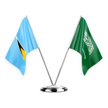 Two table flags isolated on white background 3d illustration, saint lucia and saudi arabia