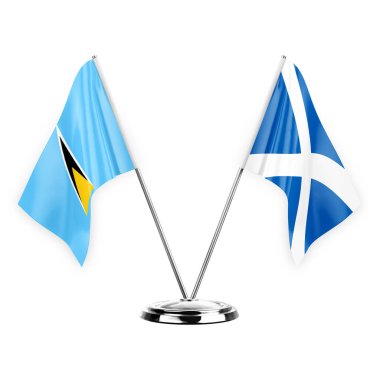 Two table flags isolated on white background 3d illustration, saint lucia and scotland