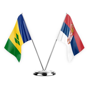 Two table flags isolated on white background 3d illustration, saint vincent and the grenadines and serbia