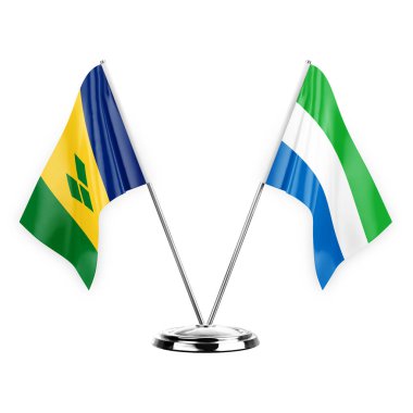 Two table flags isolated on white background 3d illustration, saint vincent and the grenadines and sierra leone