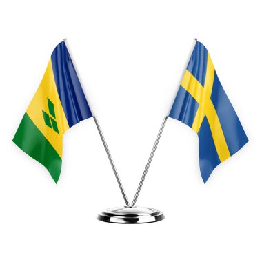 Two table flags isolated on white background 3d illustration, saint vincent and the grenadines and sweden