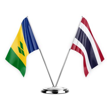 Two table flags isolated on white background 3d illustration, saint vincent and the grenadines and thailand
