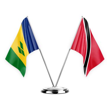 Two table flags isolated on white background 3d illustration, saint vincent and the grenadines and tobago