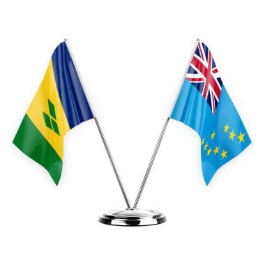 Two table flags isolated on white background 3d illustration, saint vincent and the grenadines and tuvalu