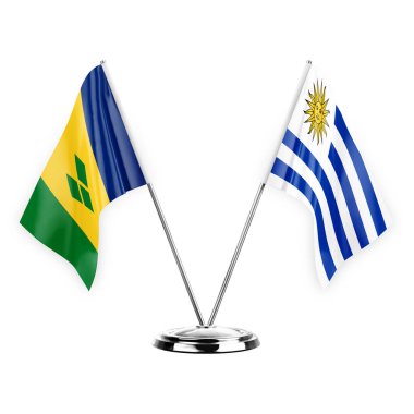 Two table flags isolated on white background 3d illustration, saint vincent and the grenadines and uruguay
