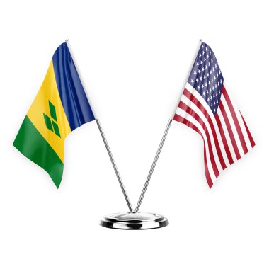 Two table flags isolated on white background 3d illustration, saint vincent and the grenadines and usa