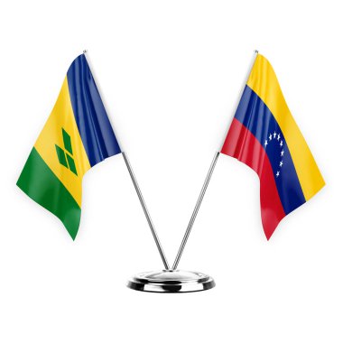 Two table flags isolated on white background 3d illustration, saint vincent and the grenadines and venezuela