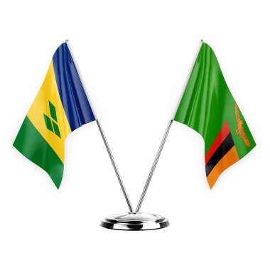 Two table flags isolated on white background 3d illustration, saint vincent and the grenadines and zambia