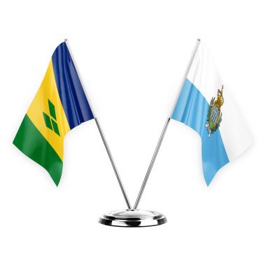 Two table flags isolated on white background 3d illustration, saint vincent and the grenadines and san marino