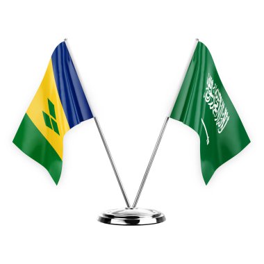 Two table flags isolated on white background 3d illustration, saint vincent and the grenadines and saudi arabia