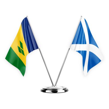 Two table flags isolated on white background 3d illustration, saint vincent and the grenadines and scotland