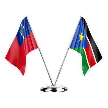 Two table flags isolated on white background 3d illustration, samoa and south sudan
