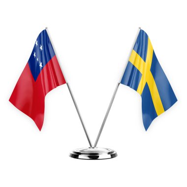 Two table flags isolated on white background 3d illustration, samoa and sweden